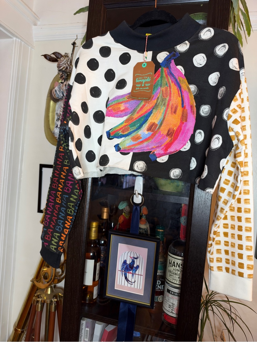 FARM Rio Black & White Polka Dot Cropped Sweatshirt with Multicolor Banana Motif